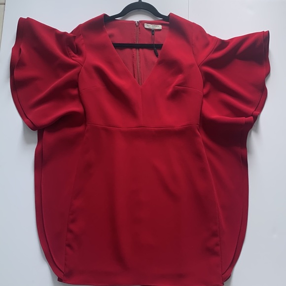 Crimson Red Halston Heritage Evening Collection V-neck dress with bat sleeves. - Picture 6 of 13